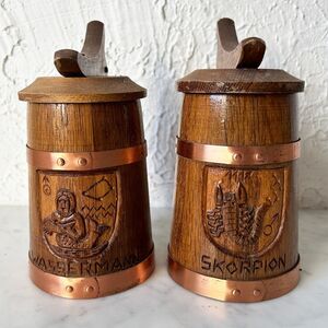Vintage German Zodiac Wooden Beer Steins Aquarius & Scorpio Copper Trim Lidded